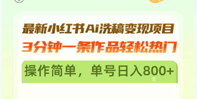 最新小红书Ai洗稿变现项目 3分钟一条作品轻松热门 操作简单，单号日入800+ - 中创网-中创网