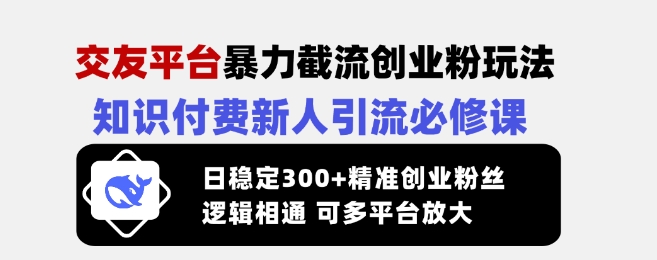 交友平台暴力截流创业粉玩法，知识付费新人引流必修课，日稳定300+精准创业粉丝，逻辑相通可多平台放大 - 中创网-中创网