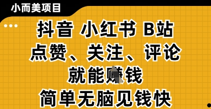 小而美的项目，抖音小红书B站视频点赞、关注、评论就能挣钱，简单无脑立见收益，妥妥的零撸项目【揭秘】 - 中创网-中创网