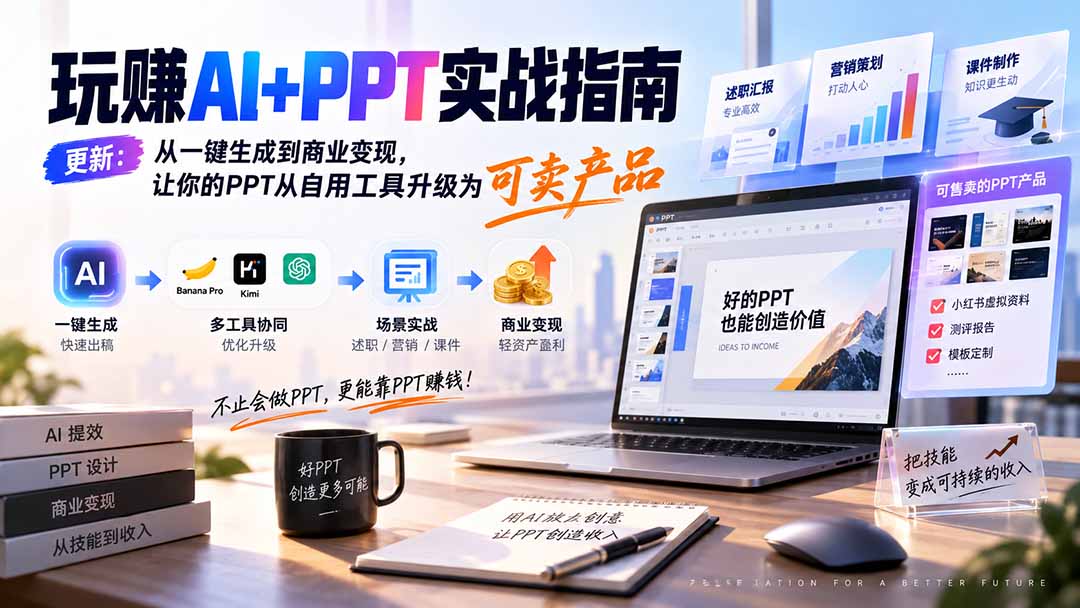 玩赚AI+PPT实战指南-更新5月13：从一键生成到商业变现，让你的PPT从自用工具升级为可卖产品-中创网