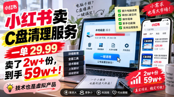 小红书卖C盘清理服务，一单29.99，卖了2w+份，技术也是虚拟产品-中创网