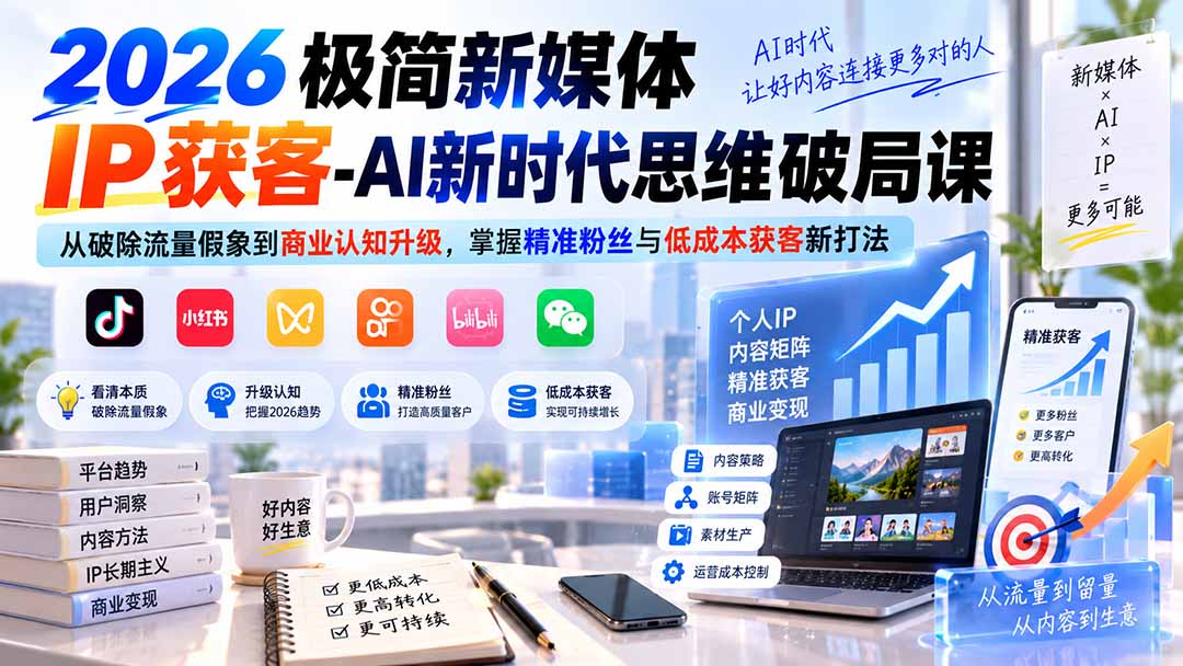 2026极简新媒体IP获客-AI新时代思维破局课：从破除流量假象到商业认知升级，掌握精准粉丝与低成本获客新打法-中创网