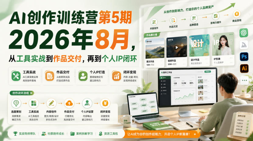 AI创作训练营第5期2026年8月，从工具实战到作品交付，再到个人IP闭环(更新0904)-中创网