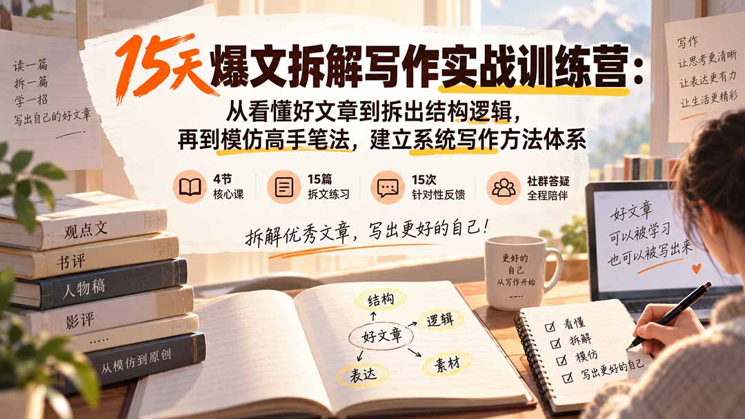 15天爆文拆解写作实战训练营：从看懂好文章到拆出结构逻辑，再到模仿高手笔法，建立系统写作方法体系-中创网